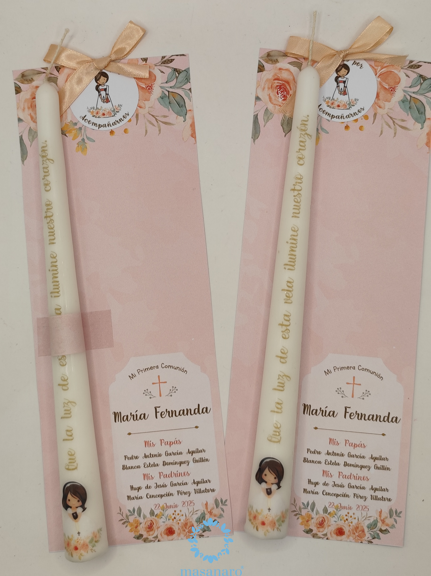 Paquete 10 velas. Diseño muñequita con flores albaricoque