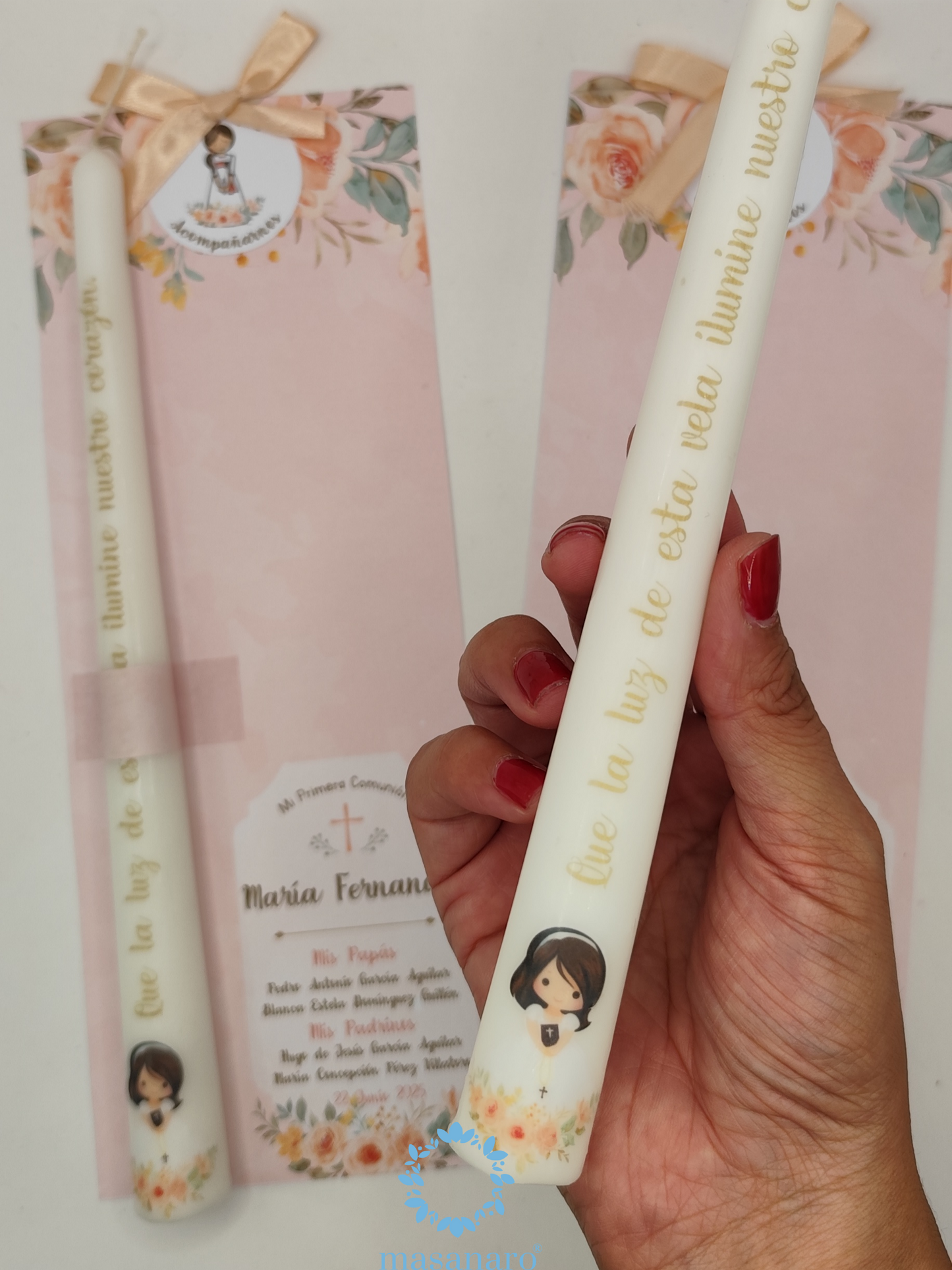 Paquete 10 velas. Diseño muñequita con flores albaricoque
