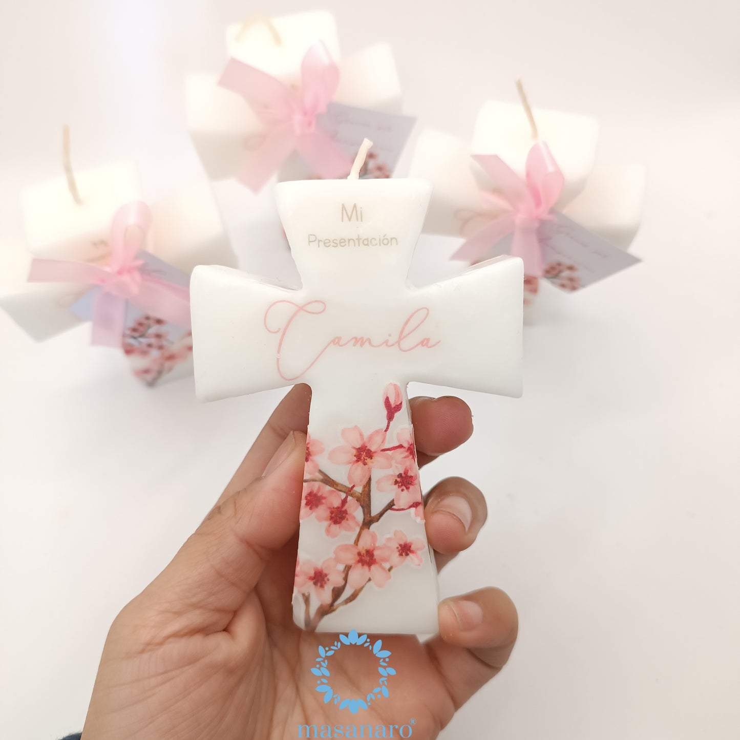 Paquete 10 velas de cruz. Diseño cerezos