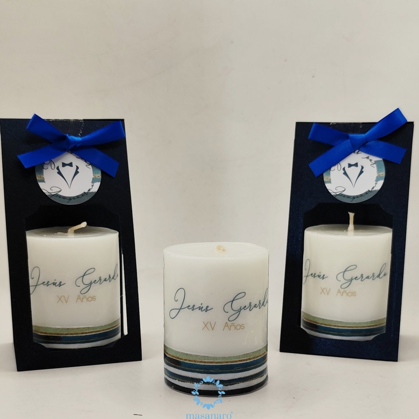 Paquete 10 velas. Diseño lineas azules y dorado