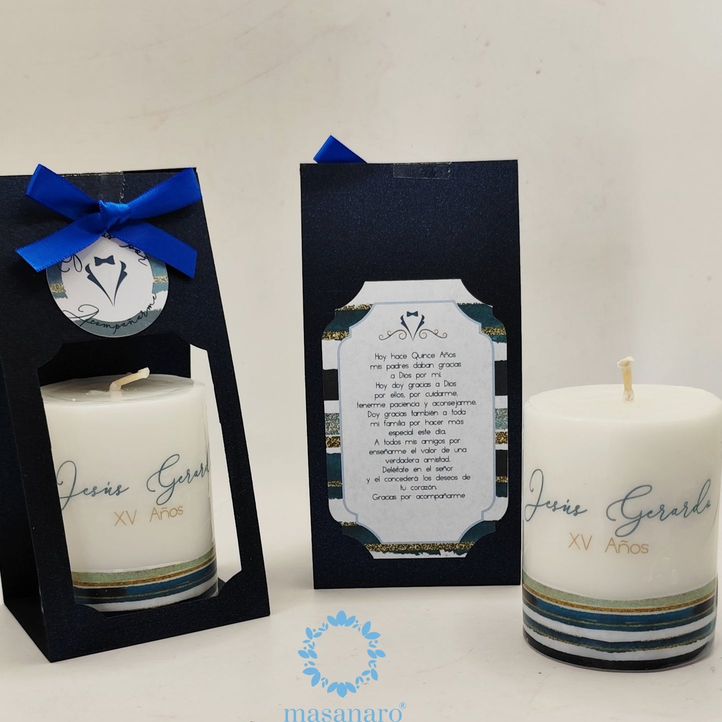Paquete 10 velas. Diseño lineas azules y dorado