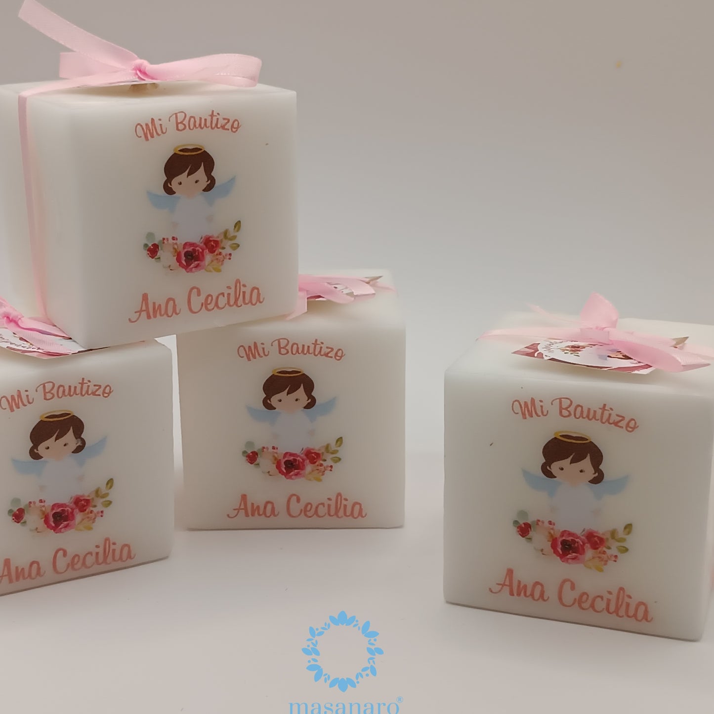 Paq. 10 velas cuadradas. Angelita con flores rosas vintage