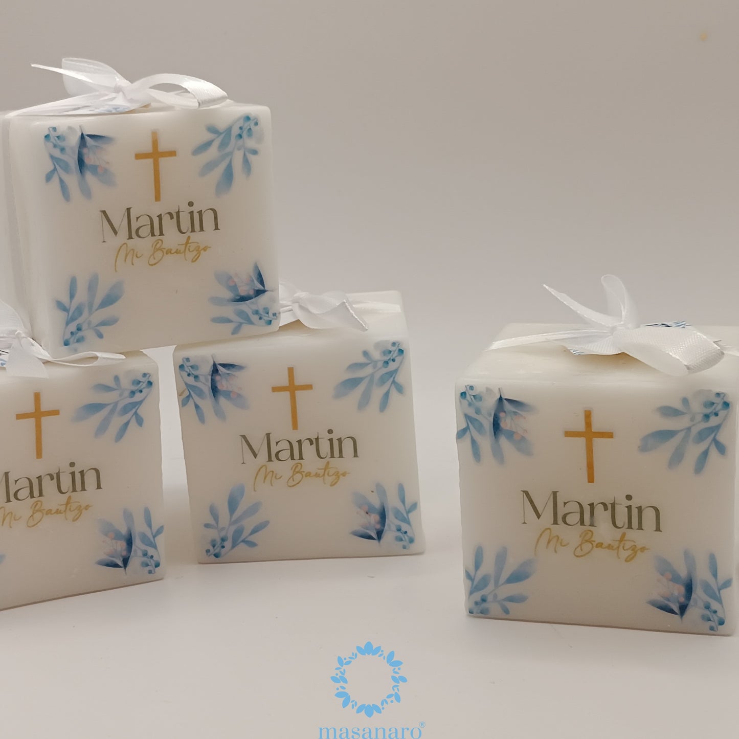 Paquete 10 velas cubo. Diseño follaje azul