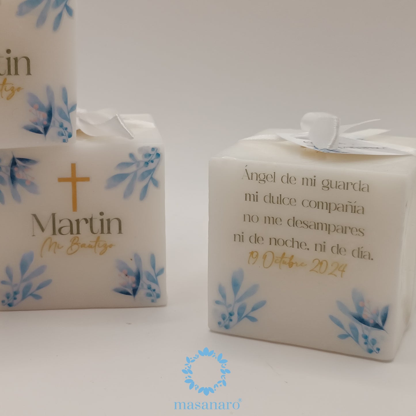 Paquete 10 velas cubo. Diseño follaje azul