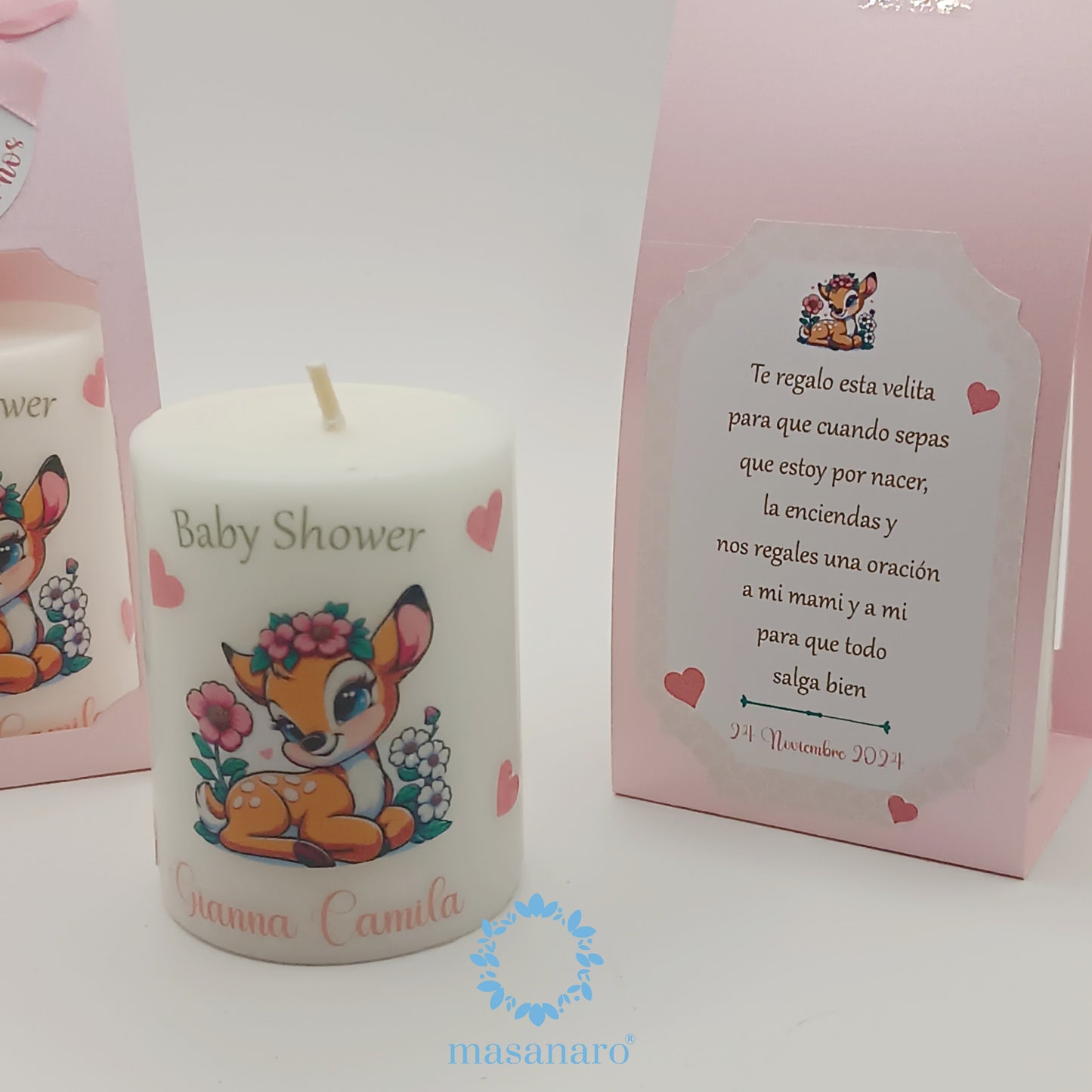 Vela con empaque de cartón. Diseño Venadita bebe