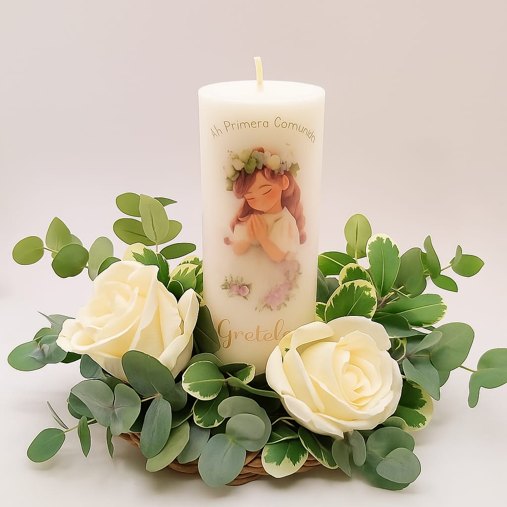 Vela con diseño niña con flores vintage