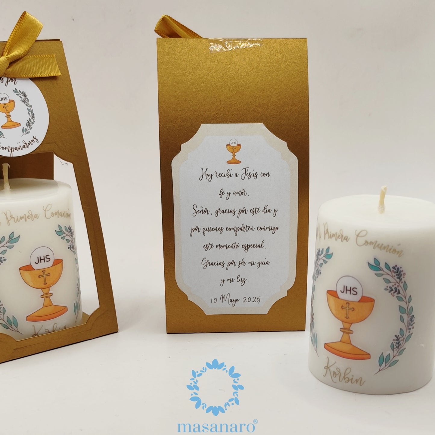 Vela con empaque de cartón. Diseño cáliz con olivo