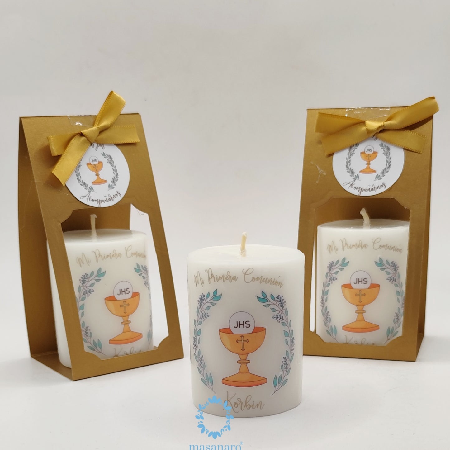 Vela con empaque de cartón. Diseño cáliz con olivo