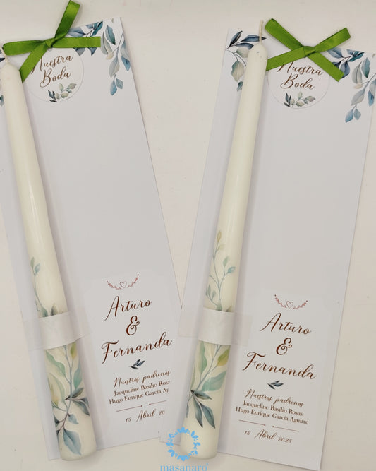 Paq. 10 velas largas Boda Follaje verde