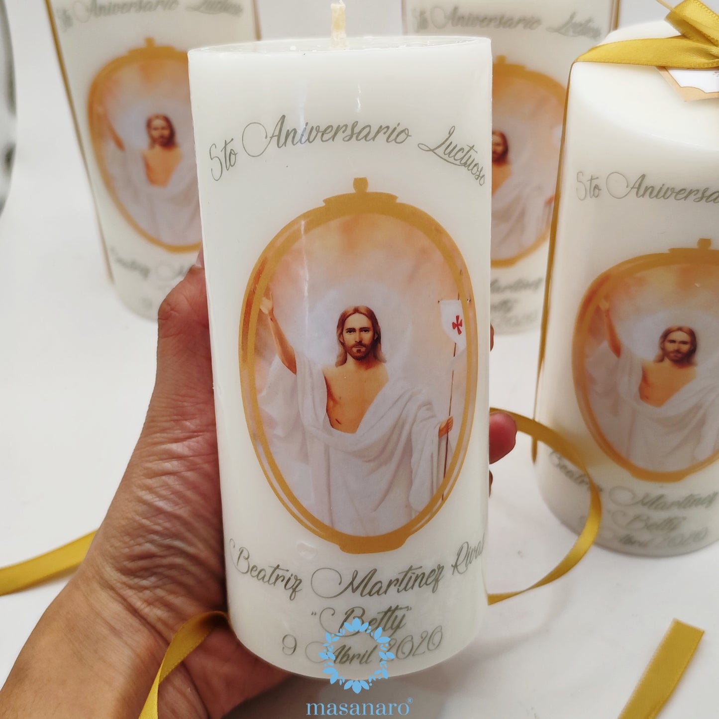 Paquete 10 velas. Diseño Cristo Resucitado aniversario luctuoso