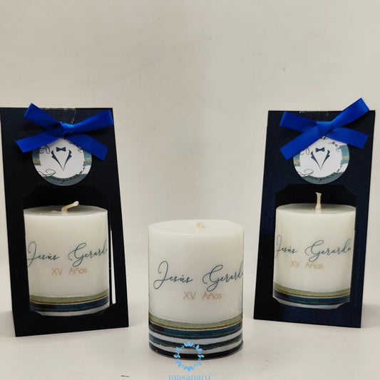 Paquete 10 velas. Diseño lineas azules y dorado