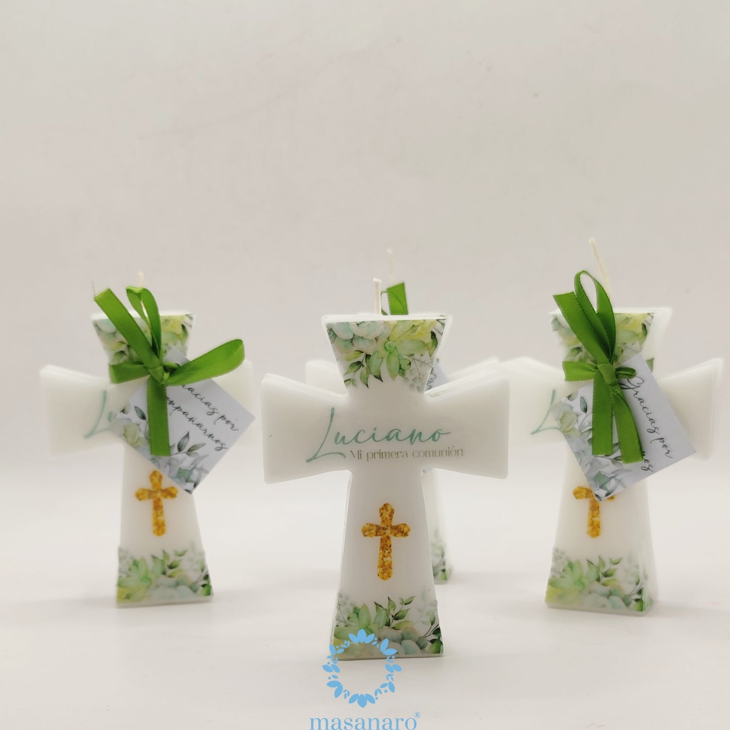 Paquete 10 velas de cruz. Diseño suculentas verde