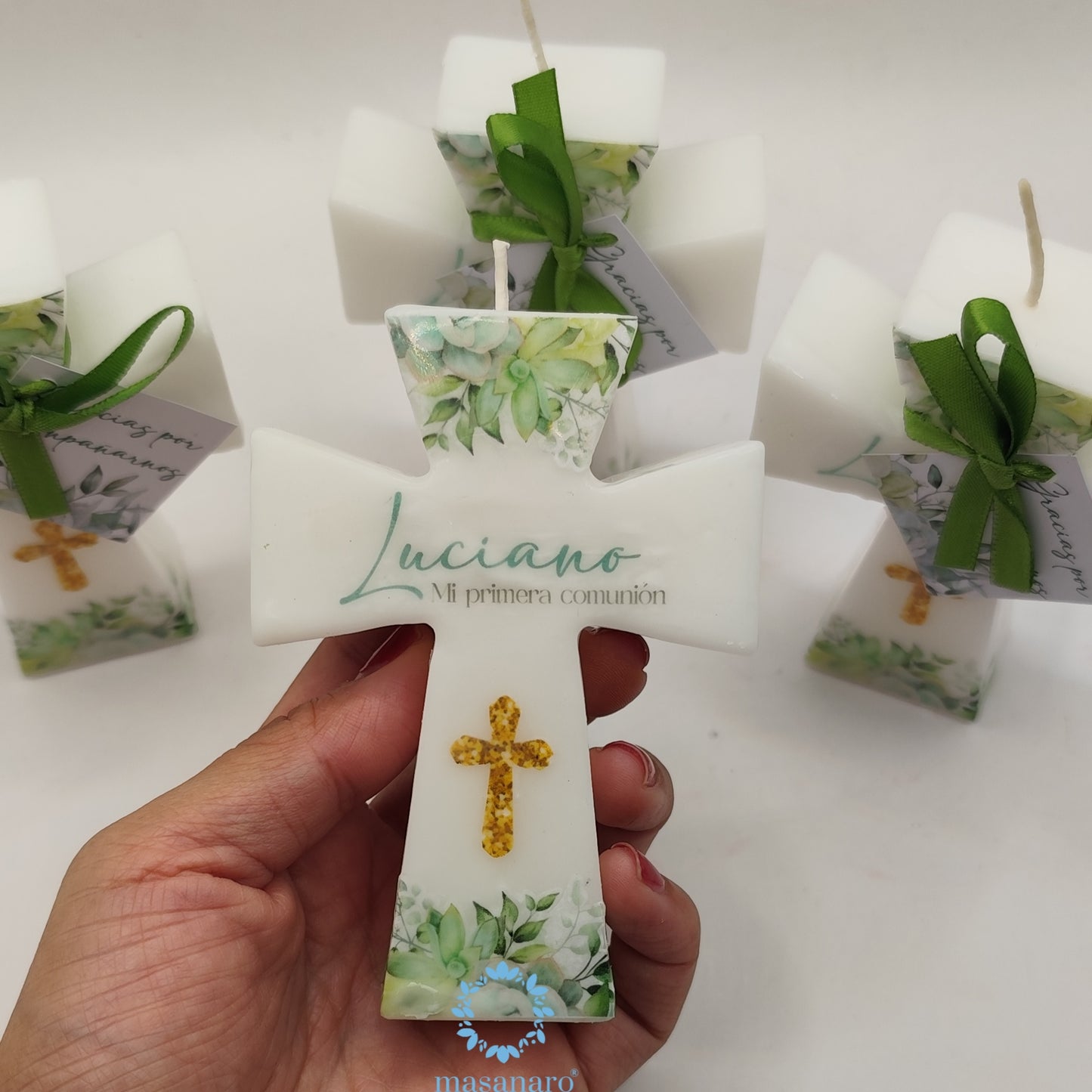 Paquete 10 velas de cruz. Diseño suculentas verde