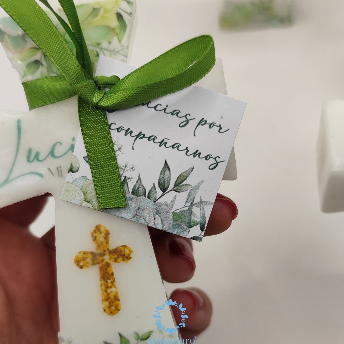 Paquete 10 velas de cruz. Diseño suculentas verde