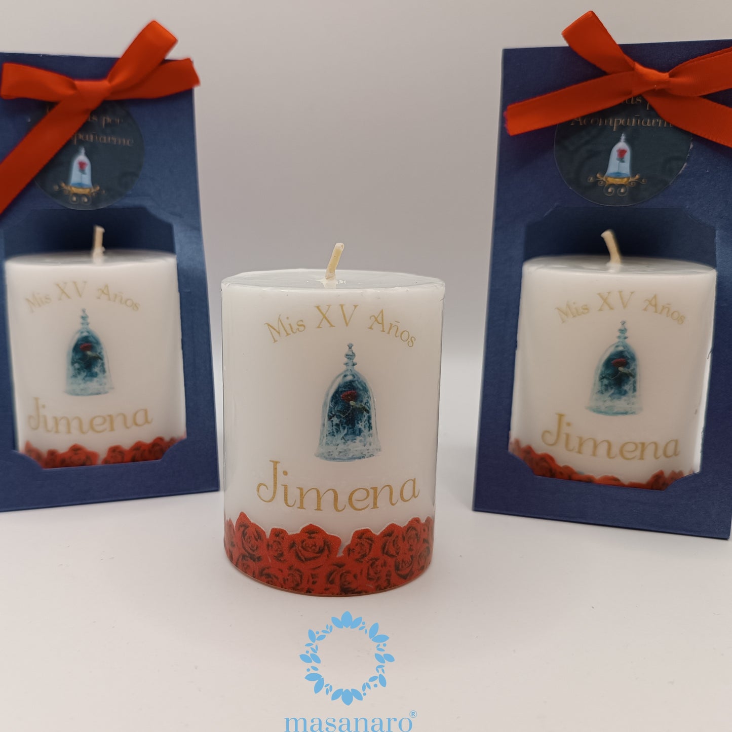 Paquete 10 velas. Diseño, rosas Bella y Bestia