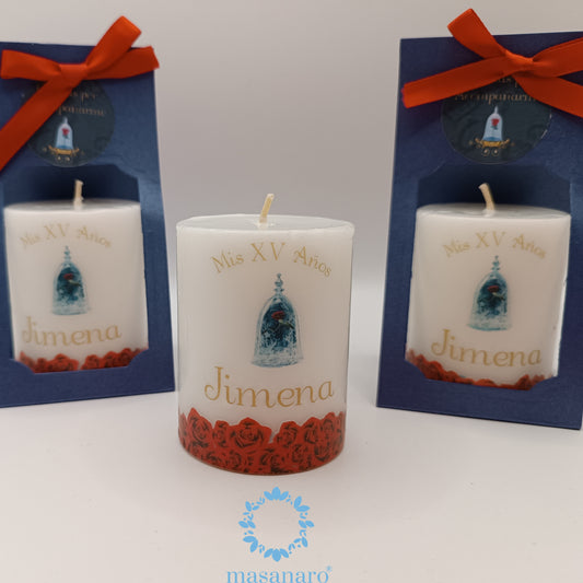 Paquete 10 velas. Diseño, rosas Bella y Bestia