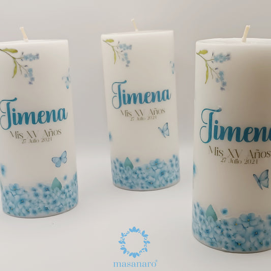 Paquete 10 velas. Diseño borde flores azules con mariposas