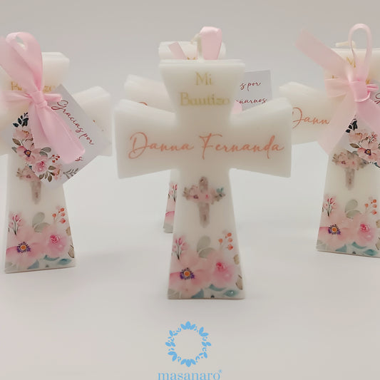 Paquete 10 velas de cruz. Diseño flores rosas