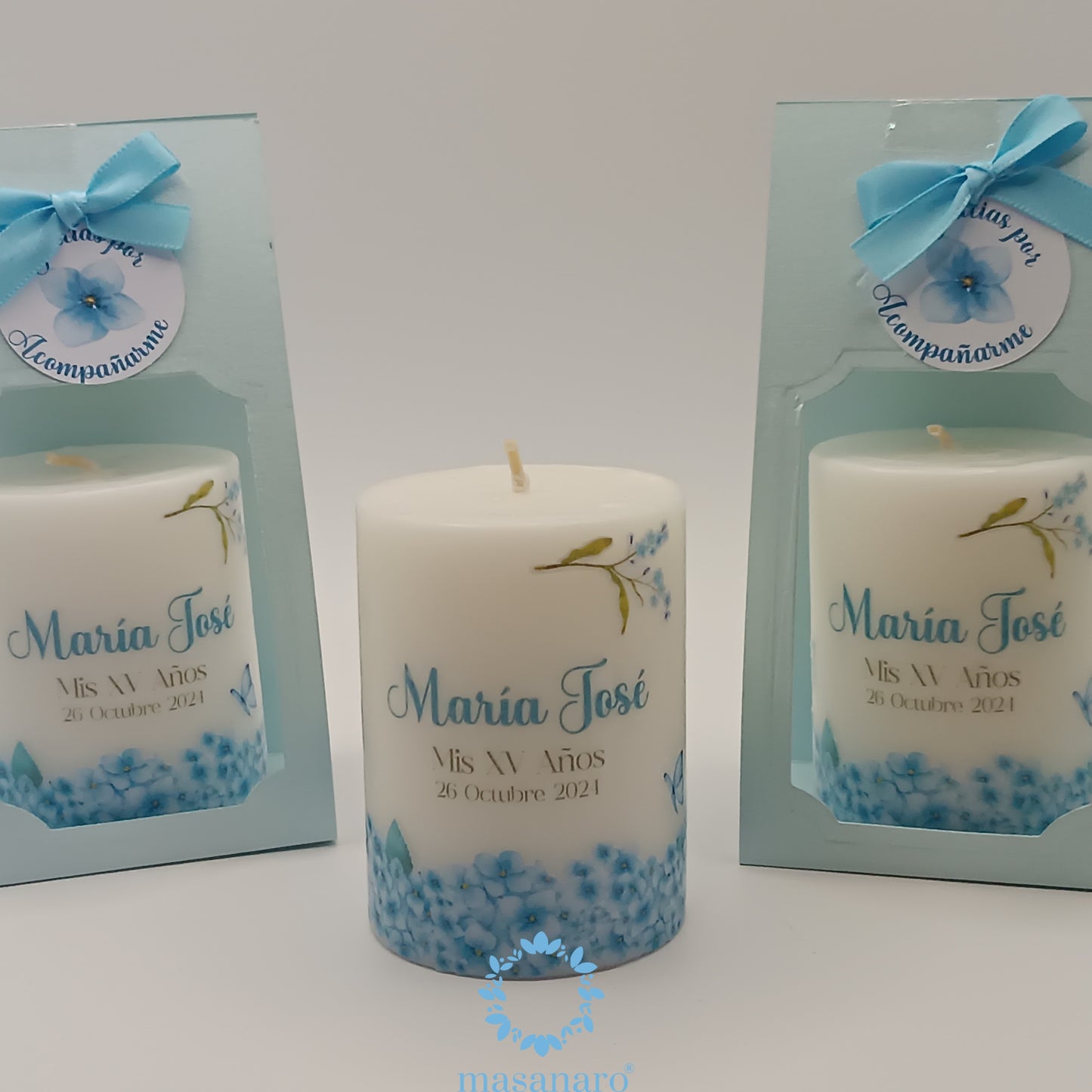 Paquete 10 velas. Diseño borde flores azules y mariposas