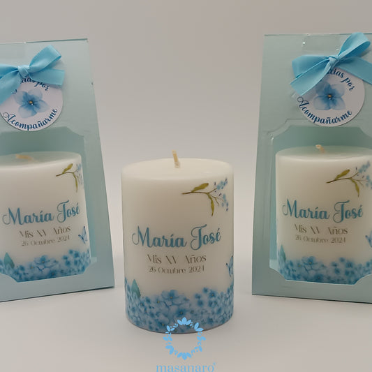 Paquete 10 velas. Diseño borde flores azules y mariposas