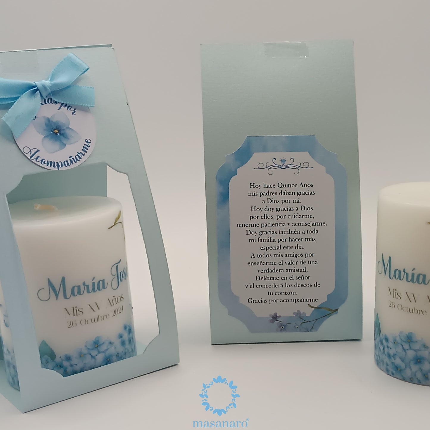 Paquete 10 velas. Diseño borde flores azules y mariposas