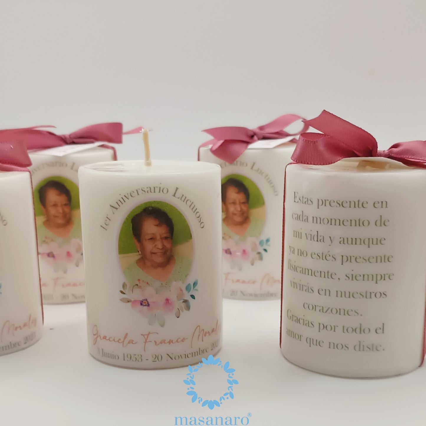 Paquete 10 velas. Diseño flores rosas con foto conmemorativas