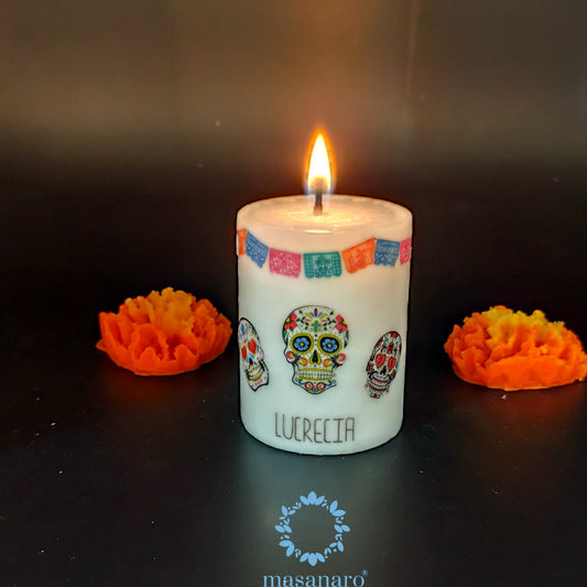 Vela para altar de muertos, papel picado