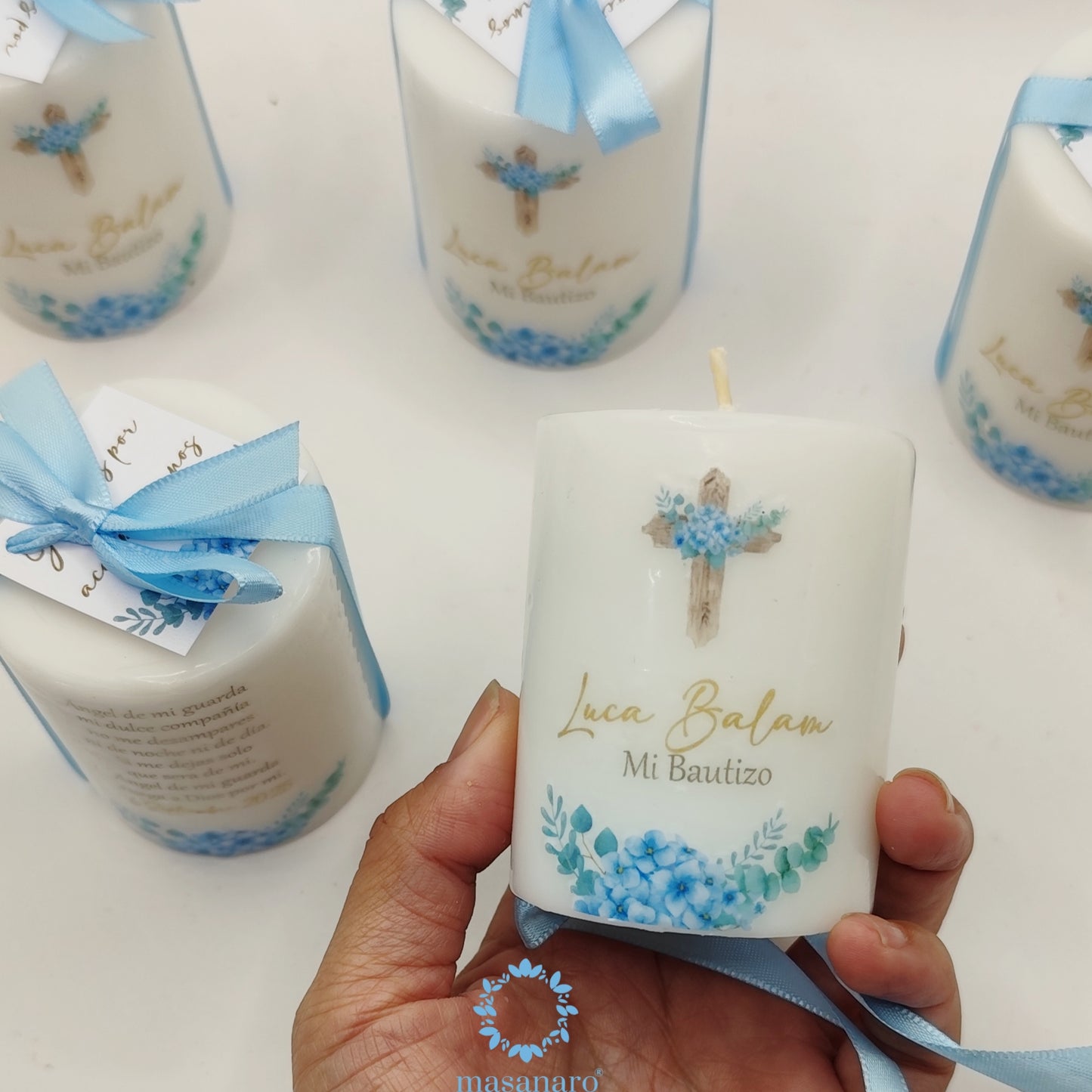 Paq. 10 velas, diseño flores azules vintage