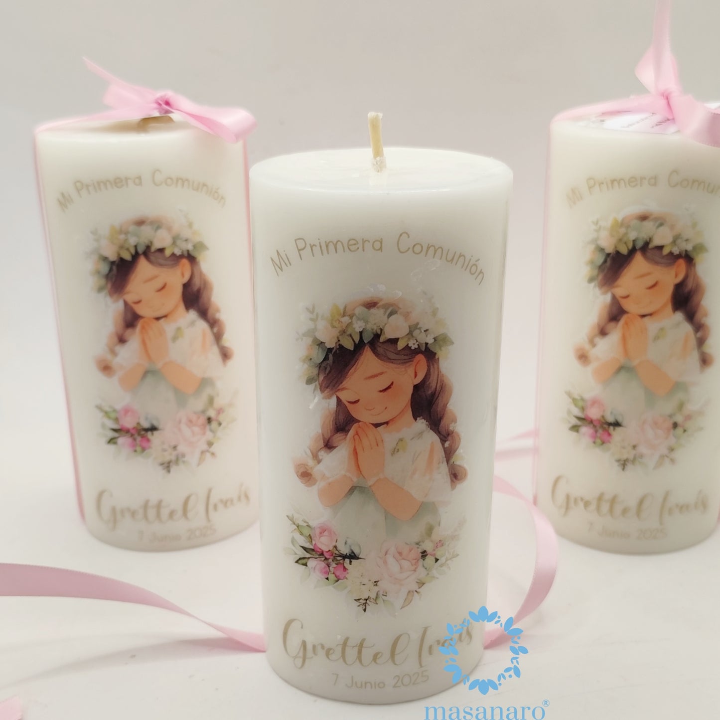 Vela con diseño niña con flores vintage