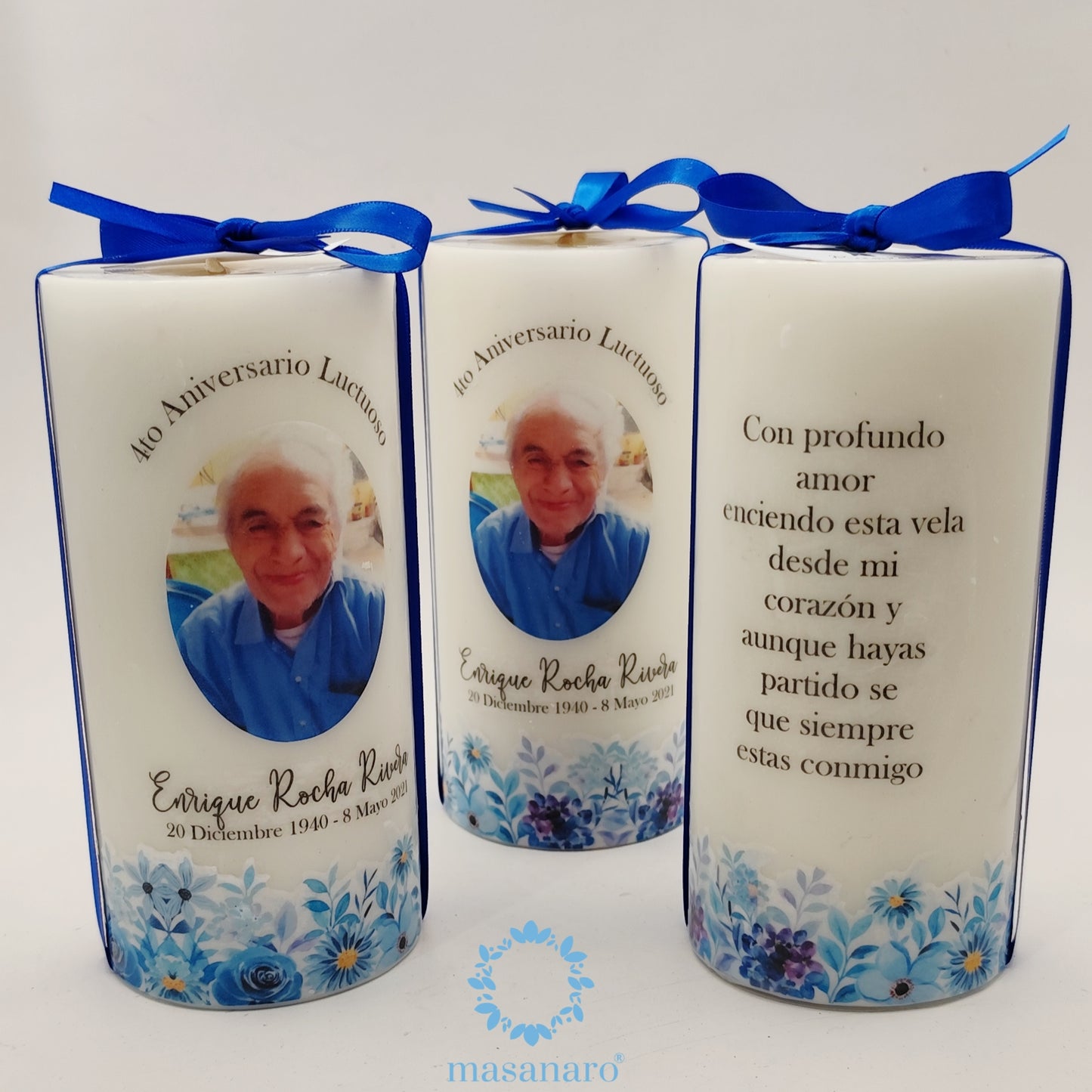 Vela con diseño flores azules y foto