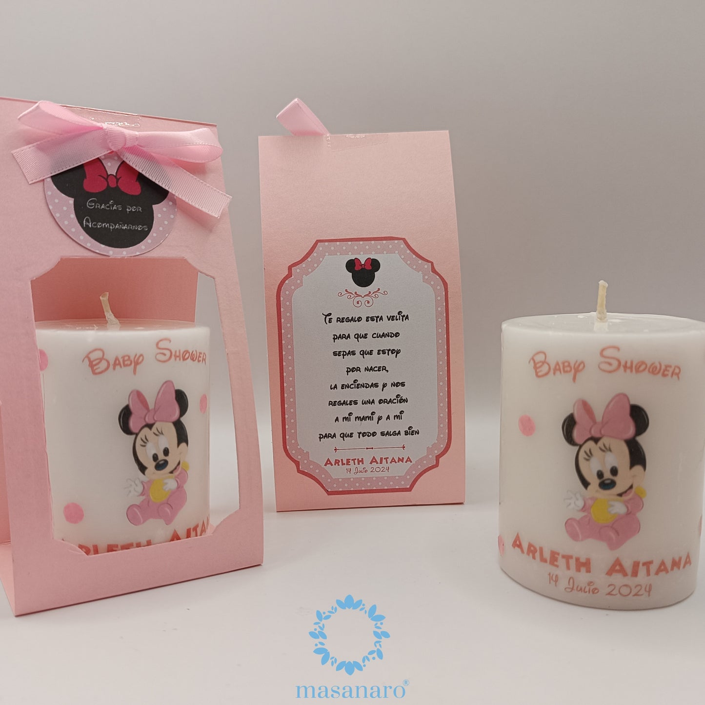 Vela con empaque de cartón. Diseño Minnie bebe