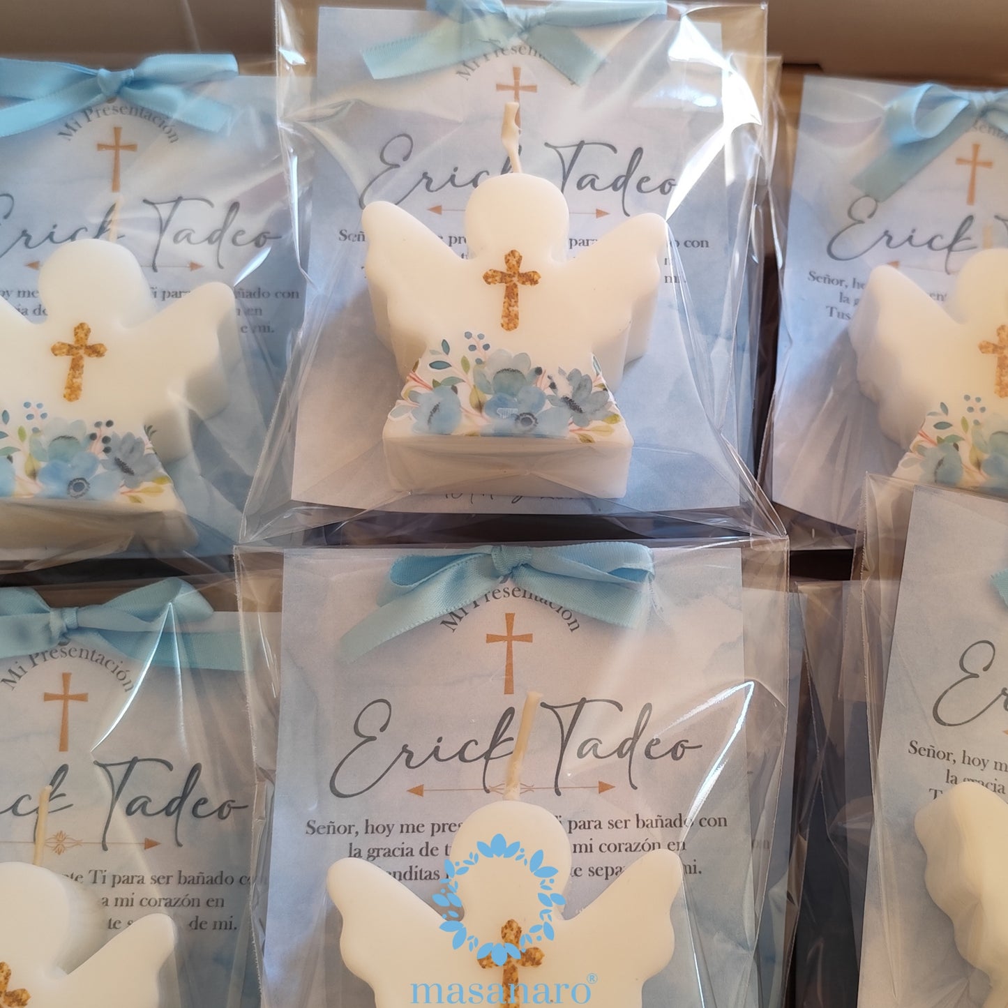 Velas angelito. Diseño Flores azules