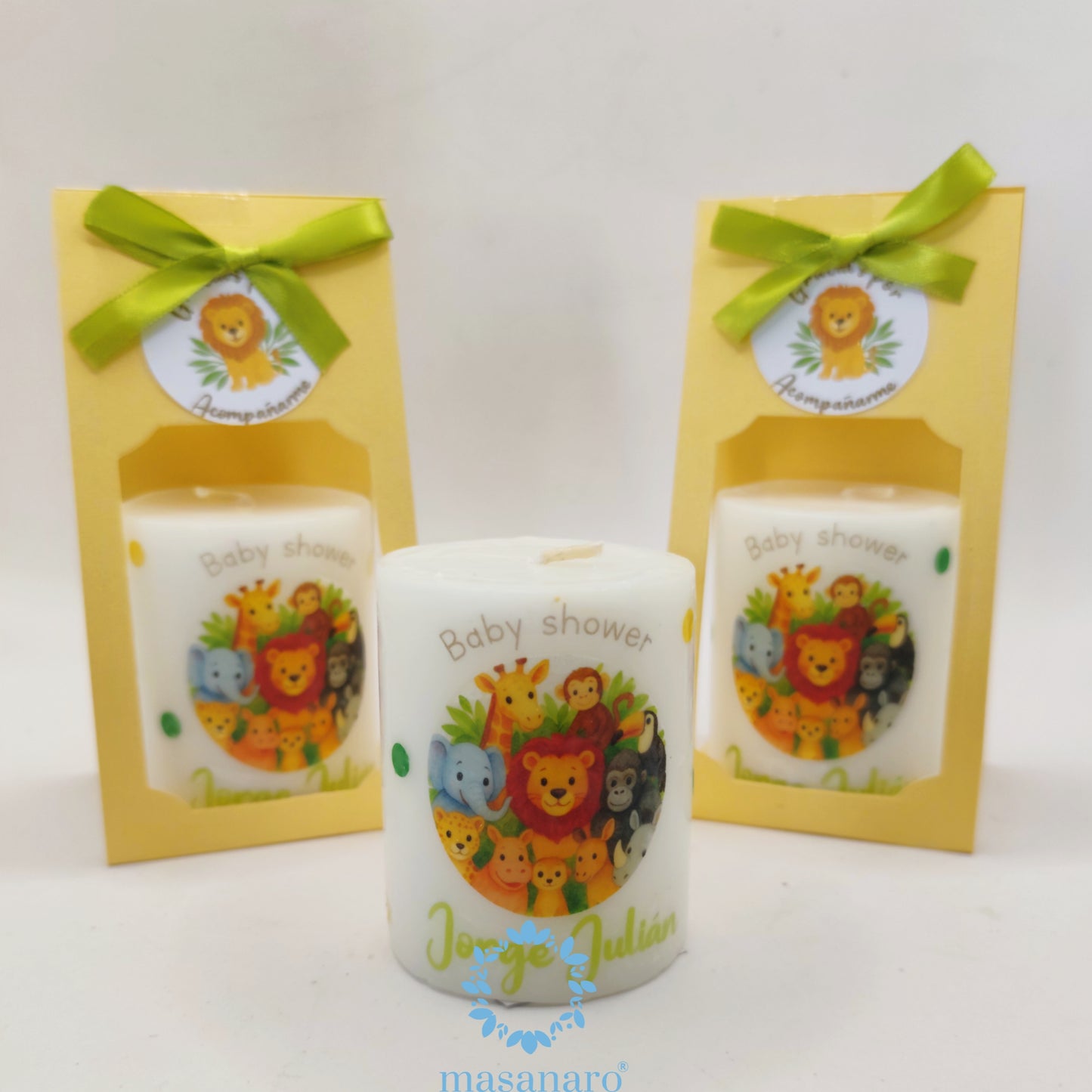 Vela con empaque de cartón. Diseño animales de la selva