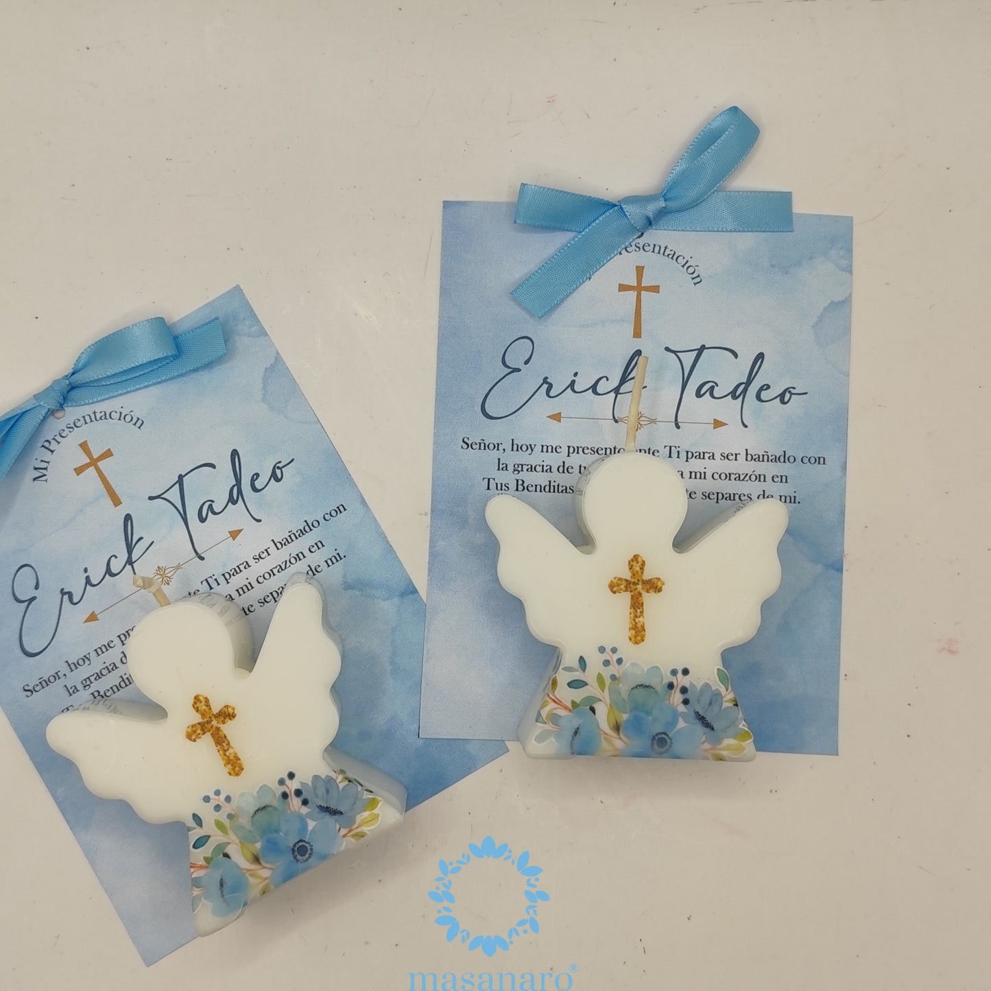Velas angelito. Diseño Flores azules