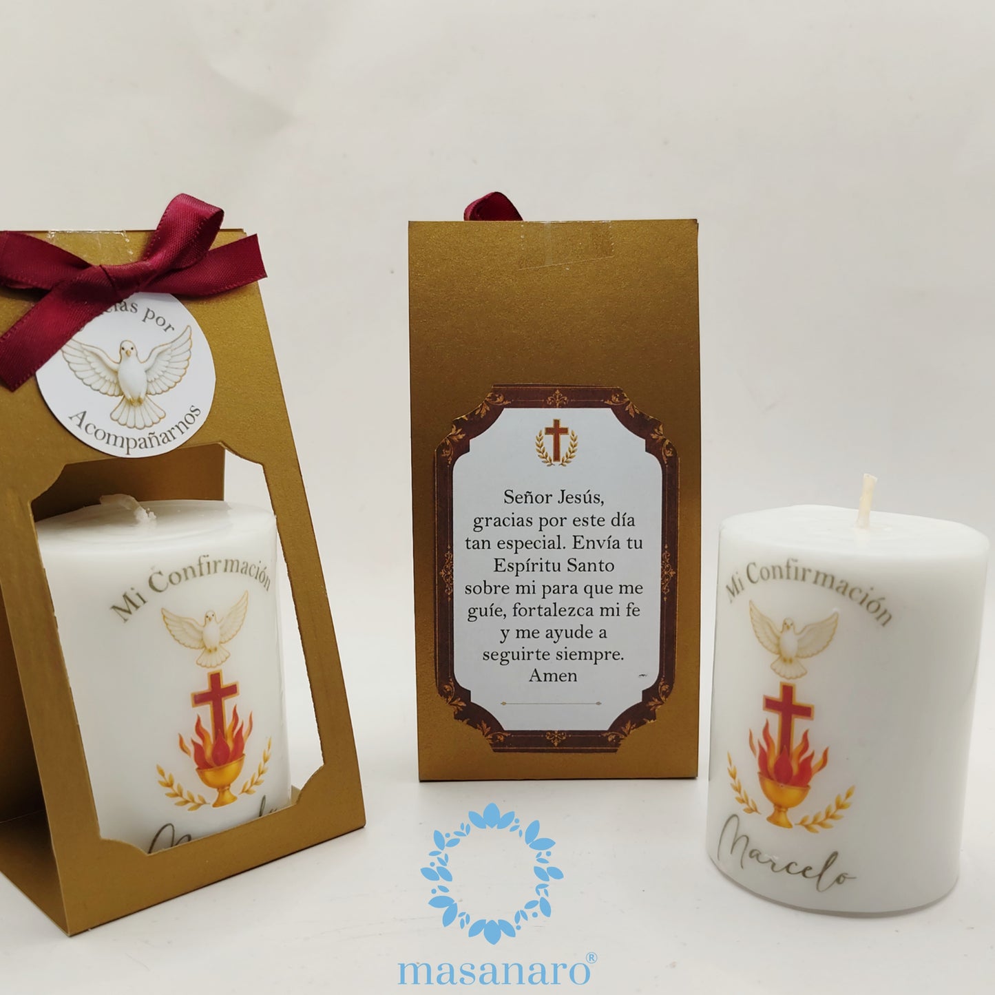 Vela con empaque de cartón con diseño Espiritu Santo