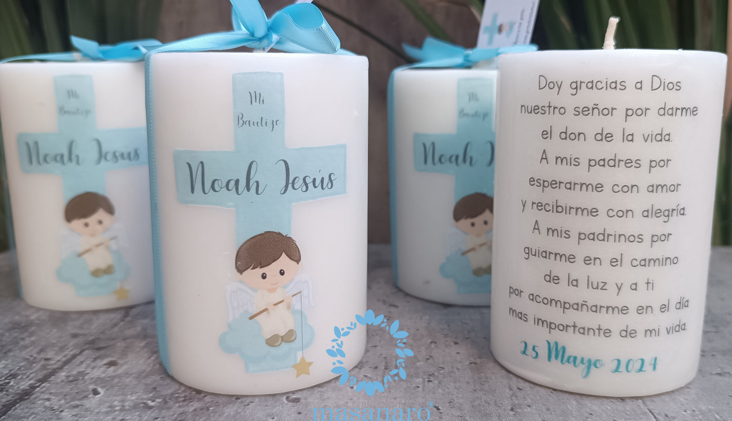 Vela. Diseño cruz azul con ángelito