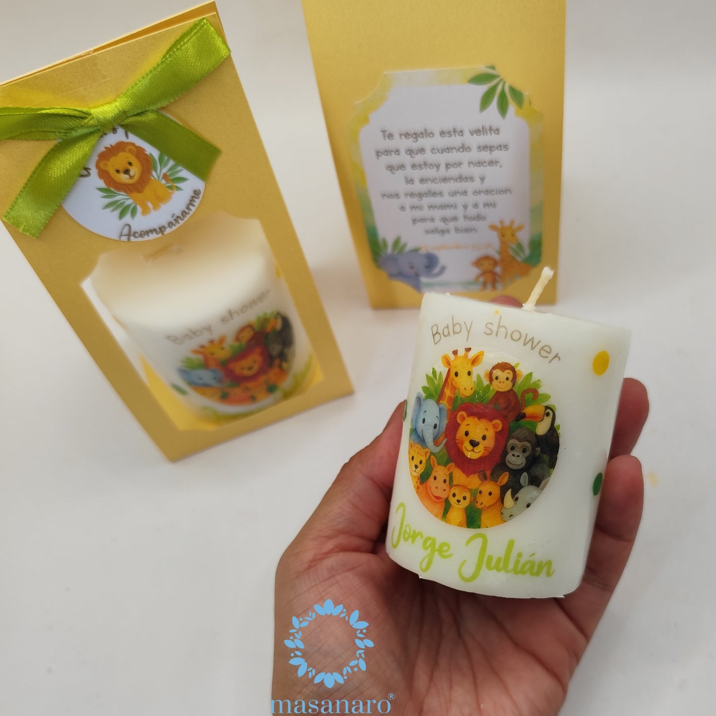 Vela con empaque de cartón. Diseño animales de la selva