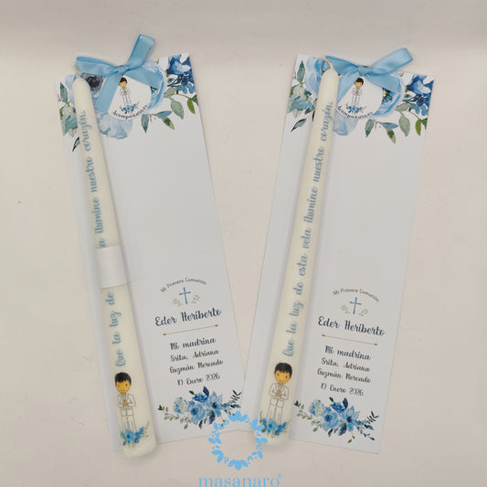 Vela larga. Diseño Niño con flores azules