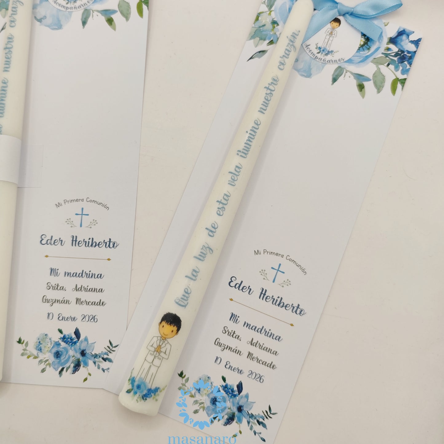 Vela larga. Diseño Niño con flores azules