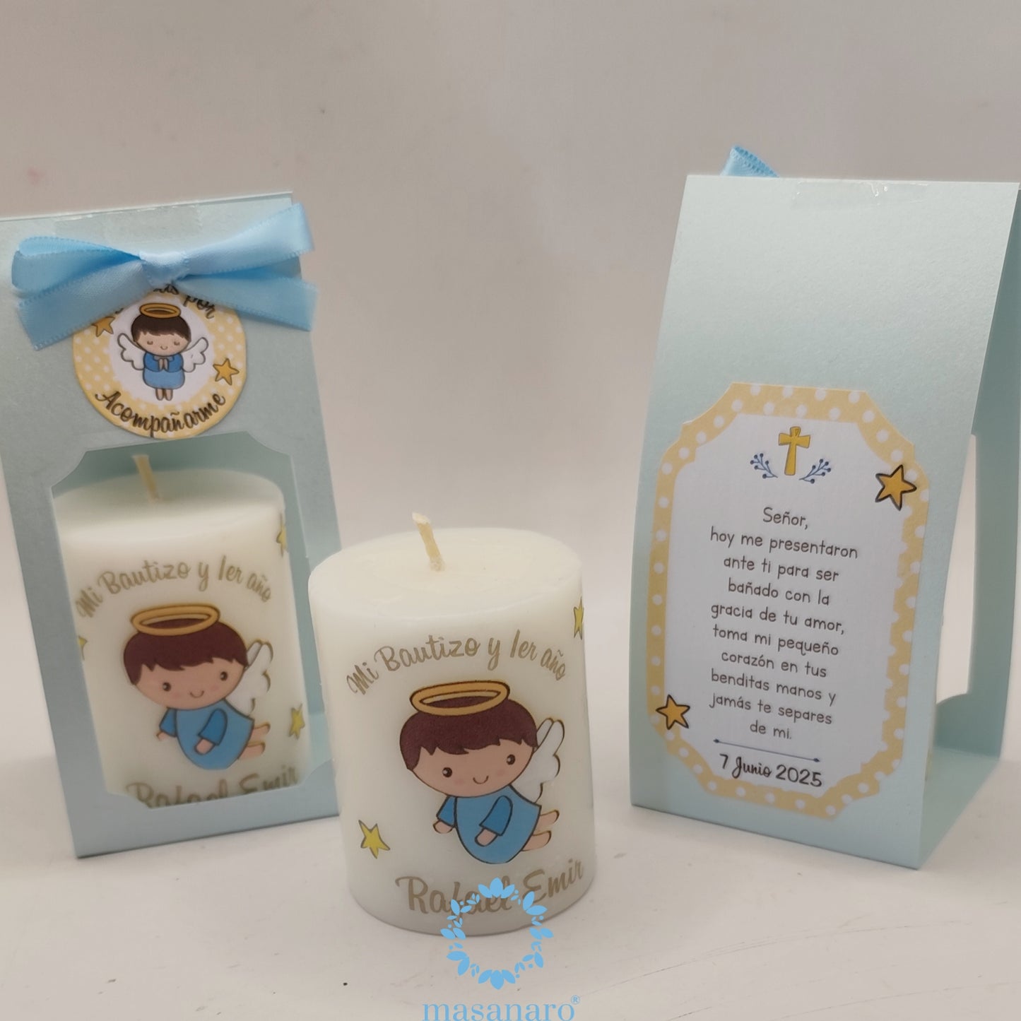 Vela con empaque de cartón. Diseño angelito