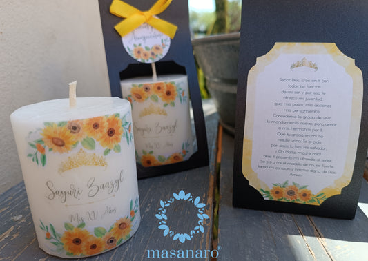 Vela con empaque de cartón. Diseño Girasoles