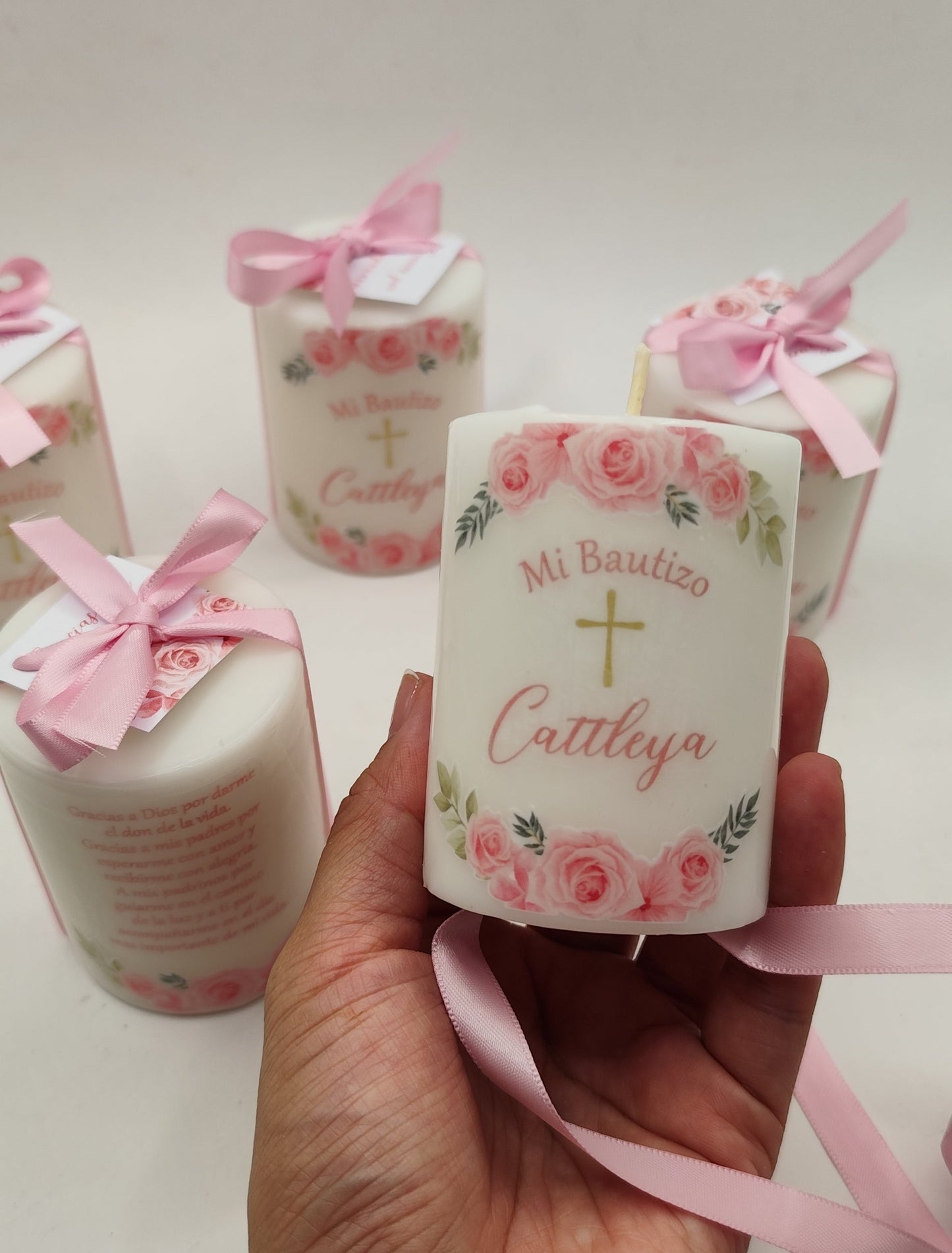 Velas con diseño de flores rosas Bautizo Niña