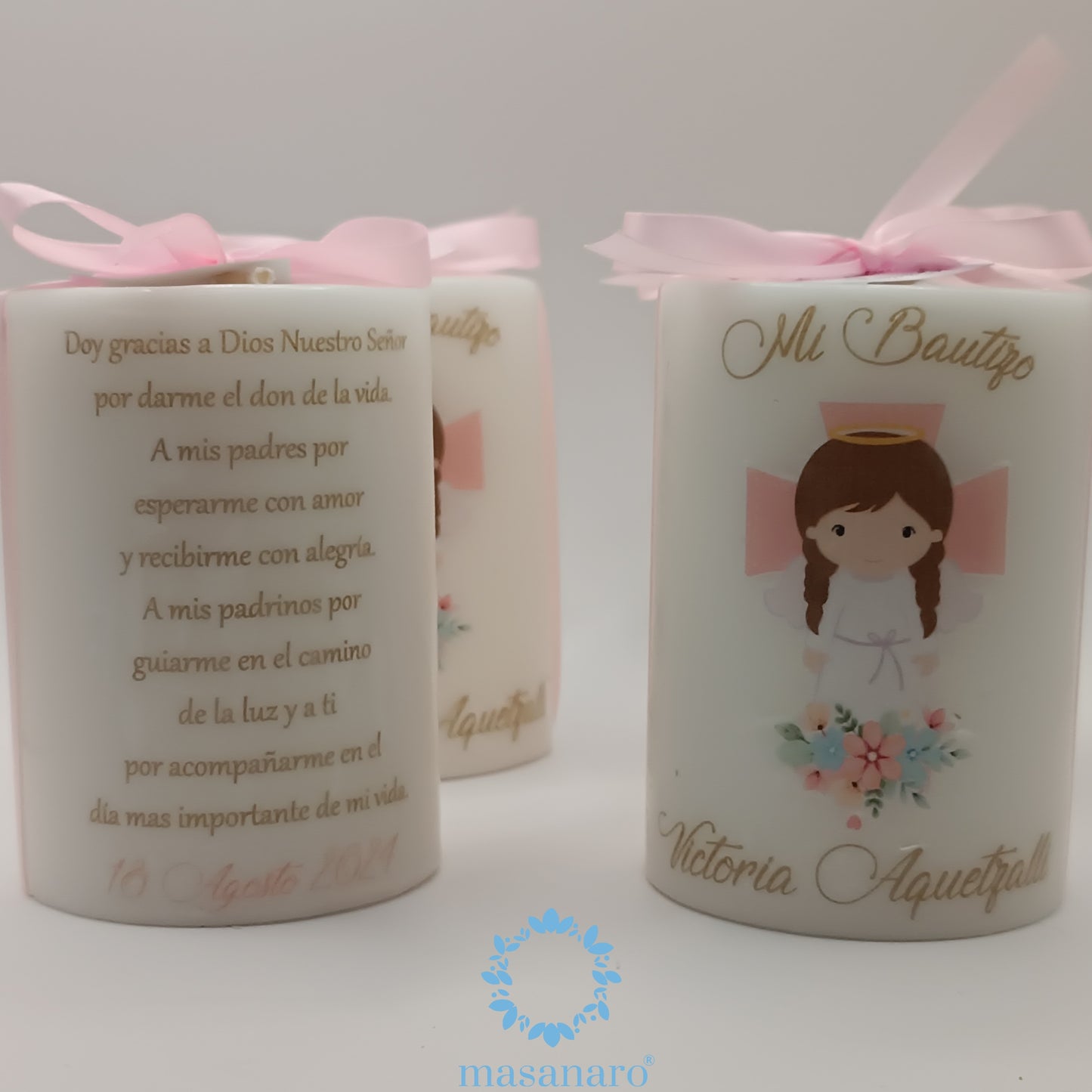 Vela con diseño de angel con cruz rosa