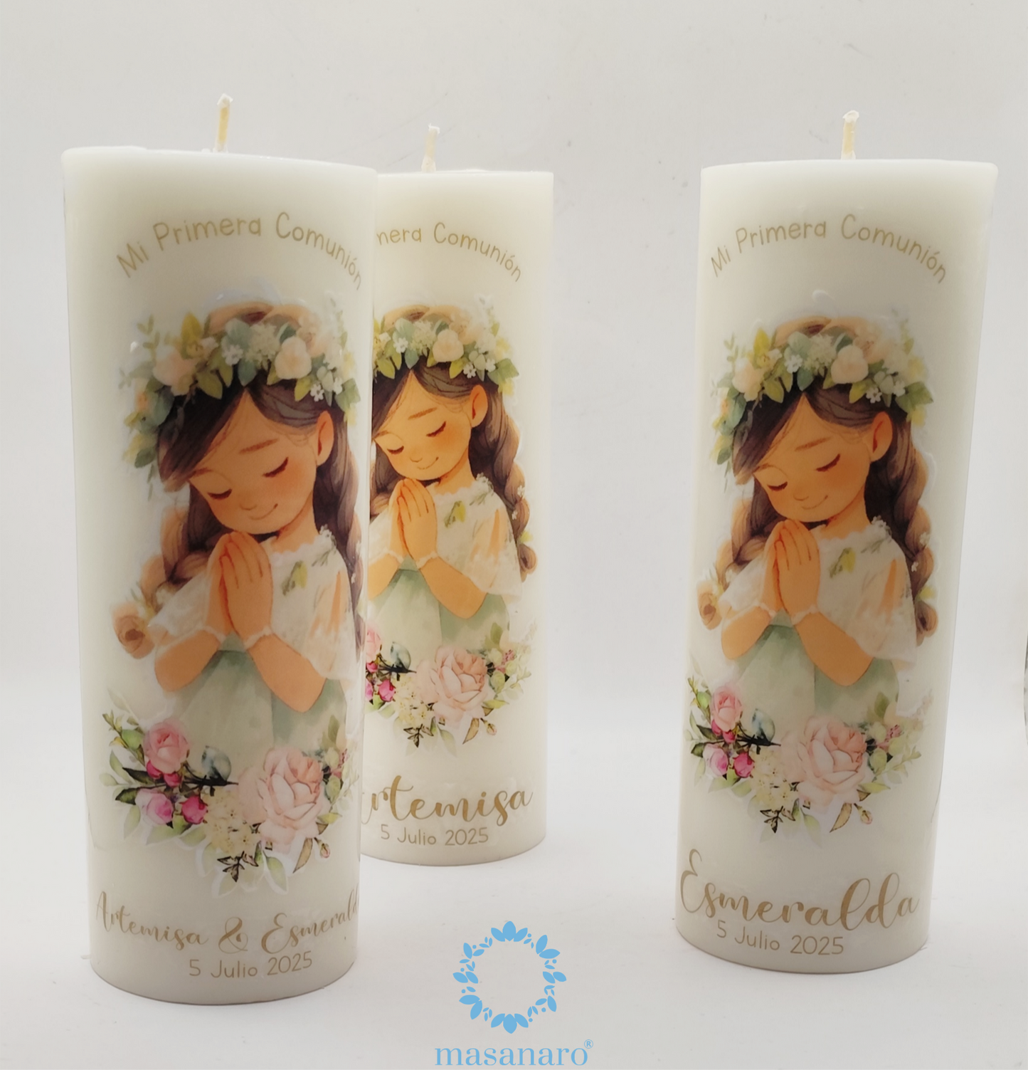 Vela con diseño niña con flores vintage