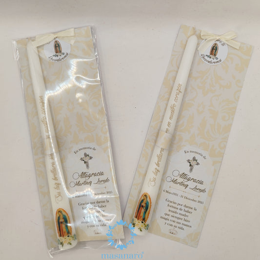 Vela larga con diseño de la virgen de Guadalupe