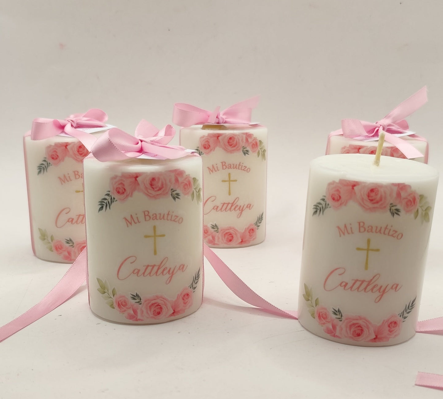 Velas con diseño de flores rosas Bautizo Niña