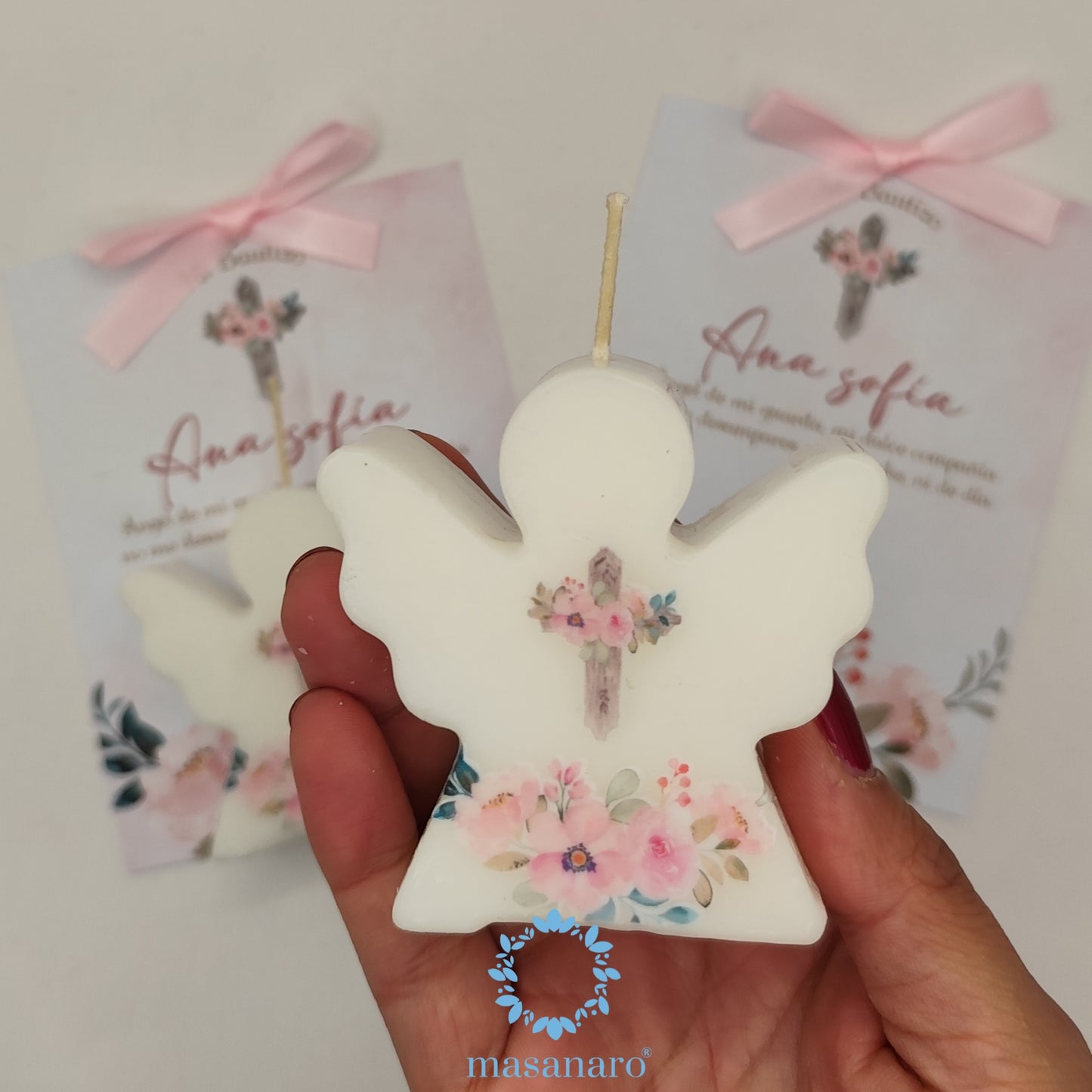 Vela de angelito. Diseño flores rosas