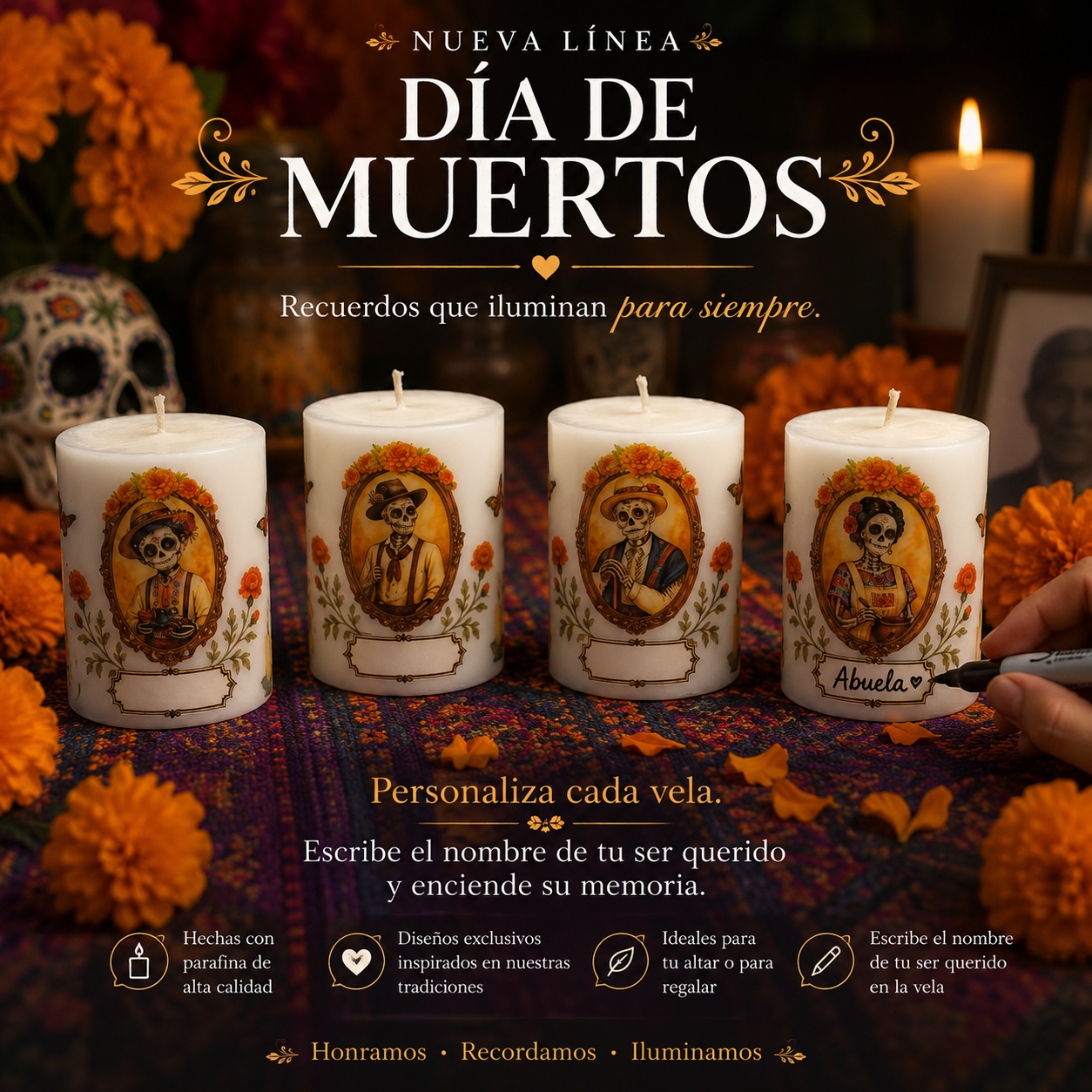 Paq 3 cirios pequeños día de muertos