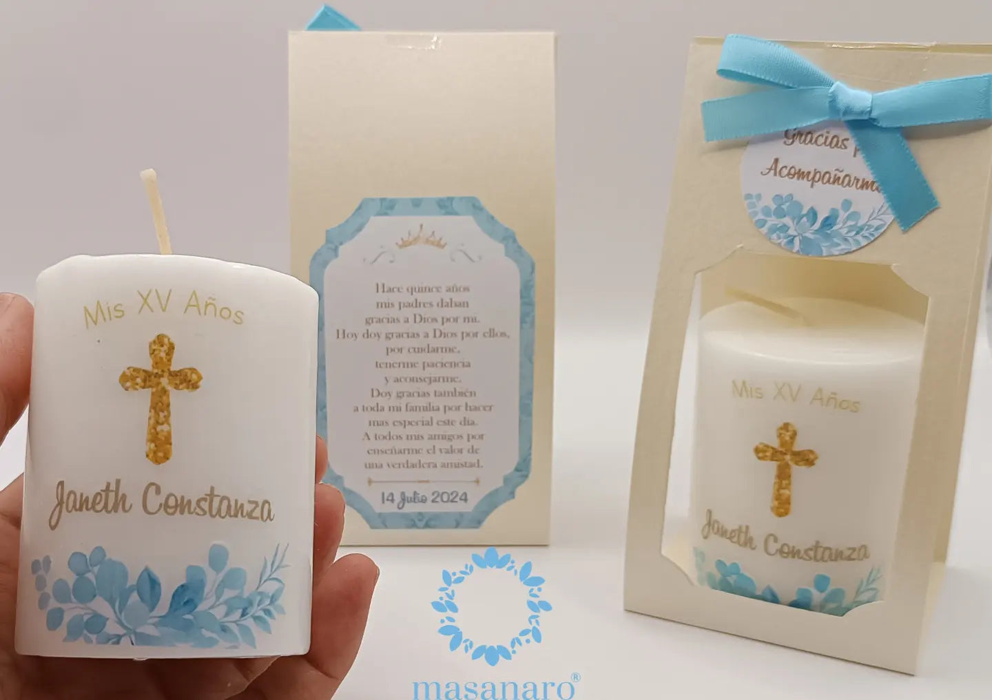 Vela con empaque de cartón. Diseño follaje azul