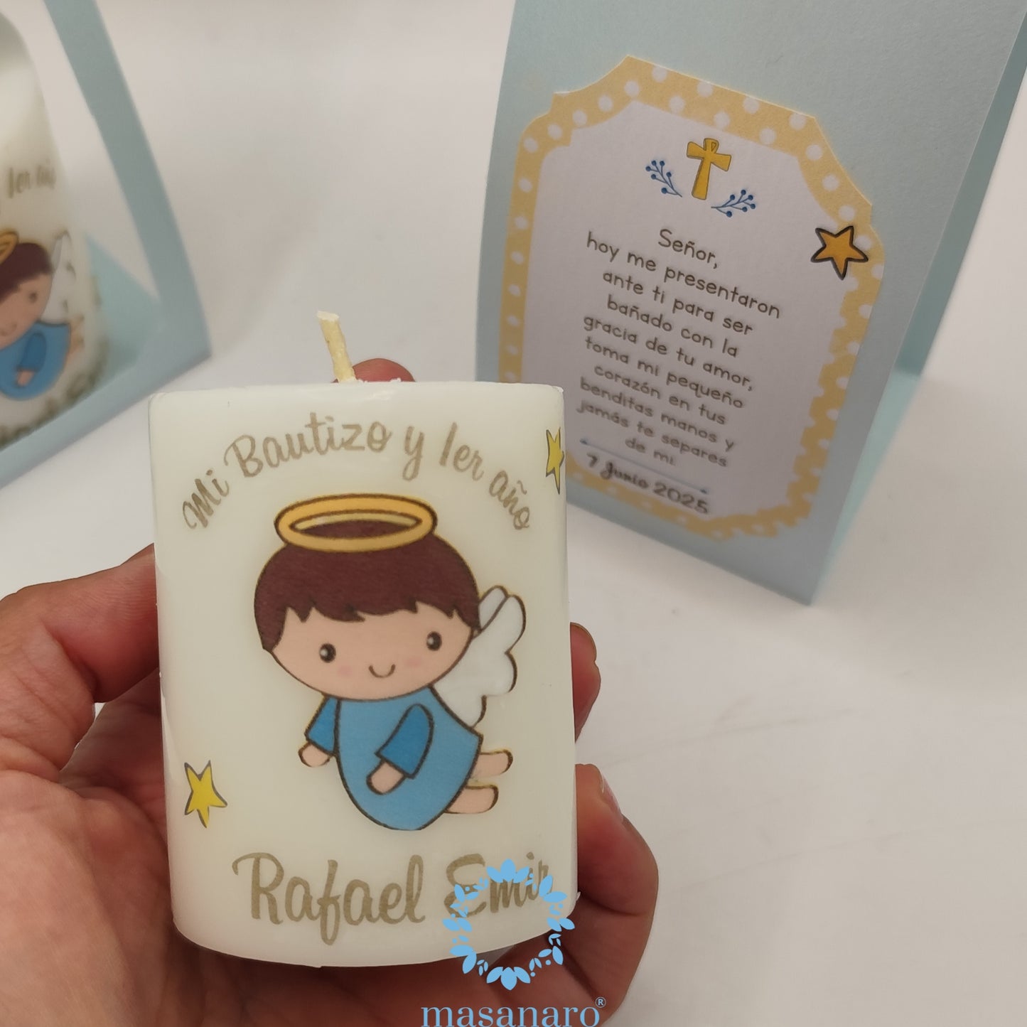 Vela con empaque de cartón. Diseño angelito